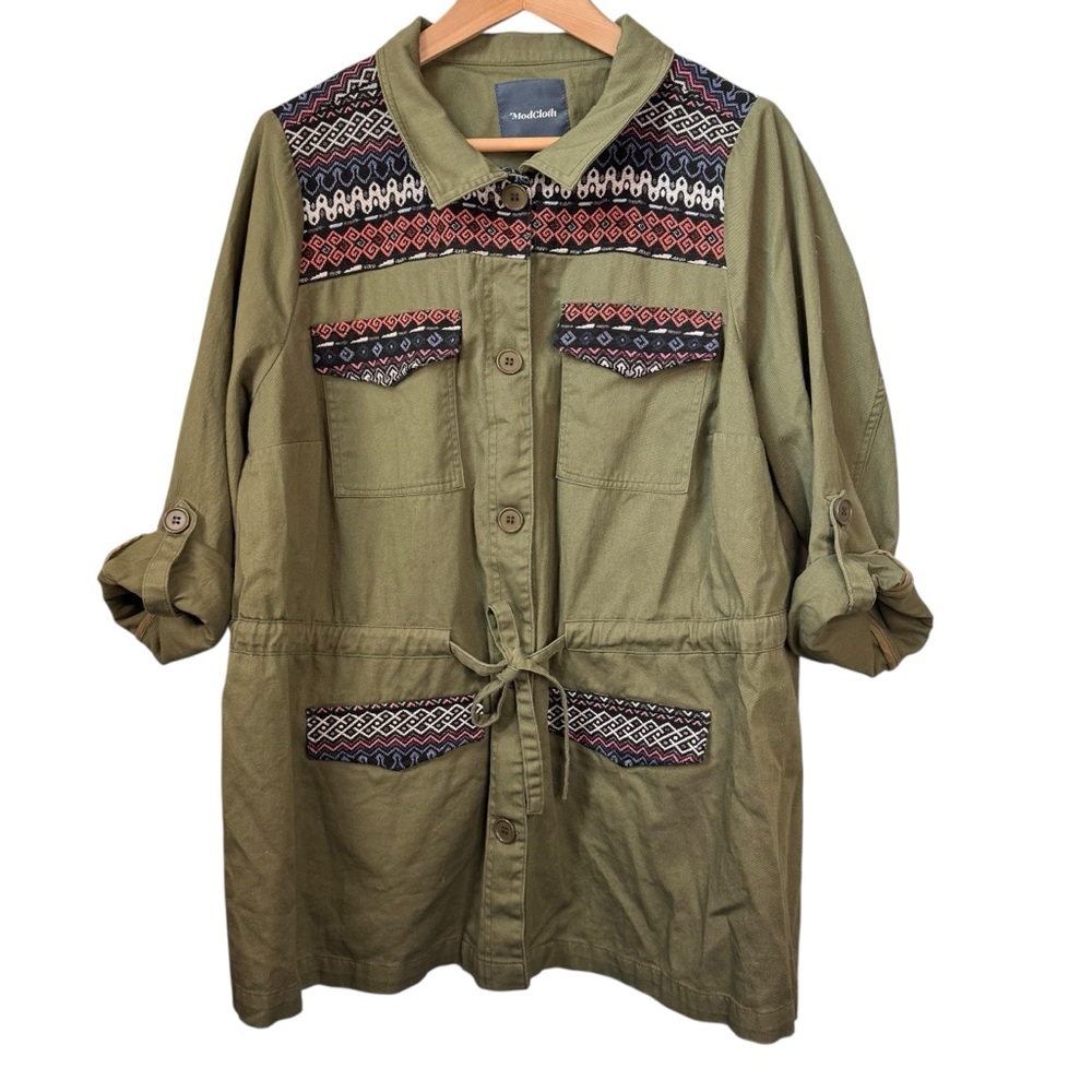 ModCloth Assorted Occasions Anorak Utility Jacket Size 1X Olive Green Aztec Trim